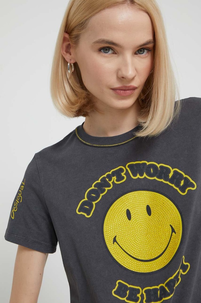 Desigual t-shirt MORE SMILEY nadruk szary 24SWTKAL