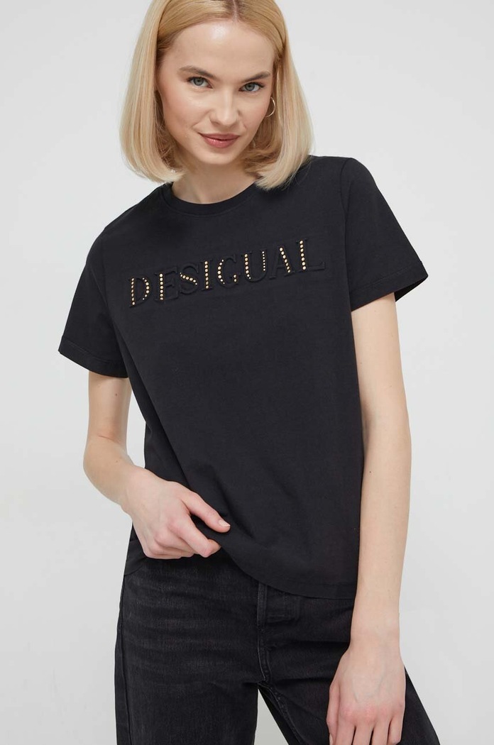 Desigual tricou din bumbac imprimeu negru 24SWTK58
