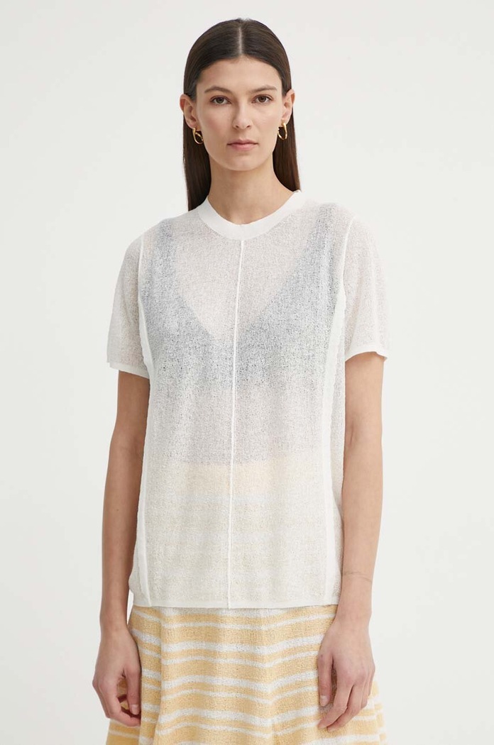 AERON t-shirt z domieszką lnu CAYMEN okrągły beżowy RSTO490489