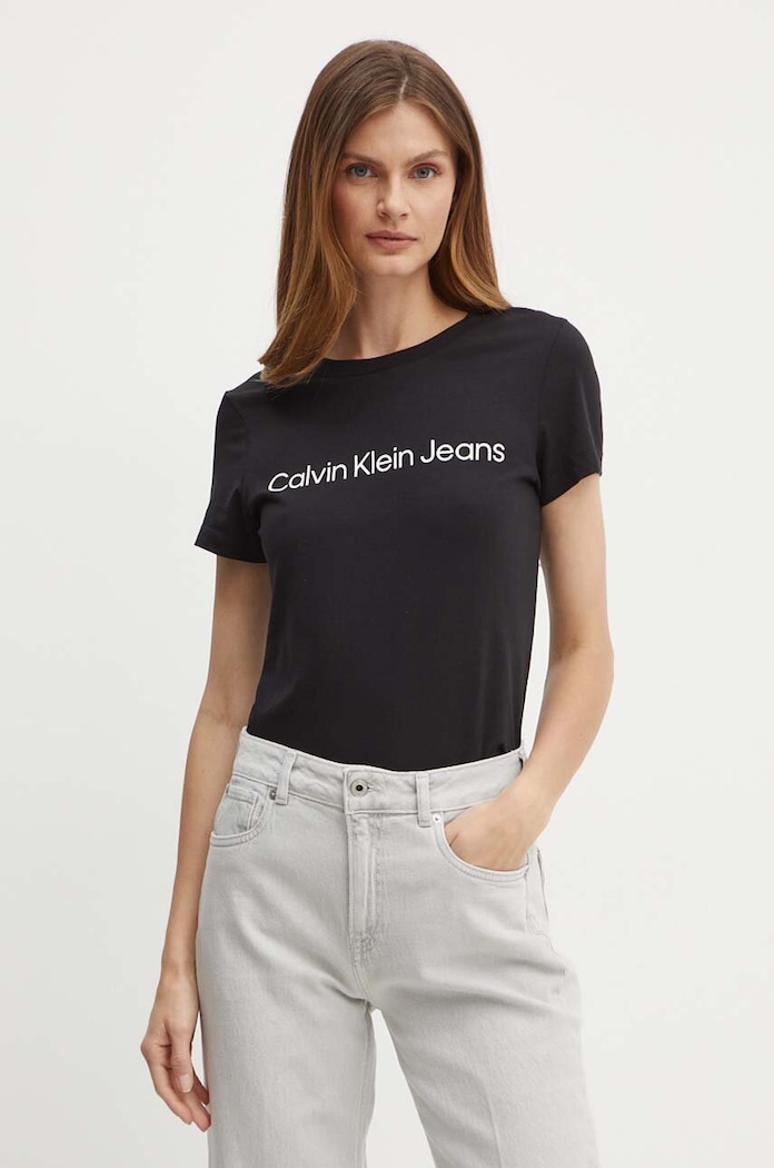 Памучна тениска Calvin Klein Jeans черен J20J220253