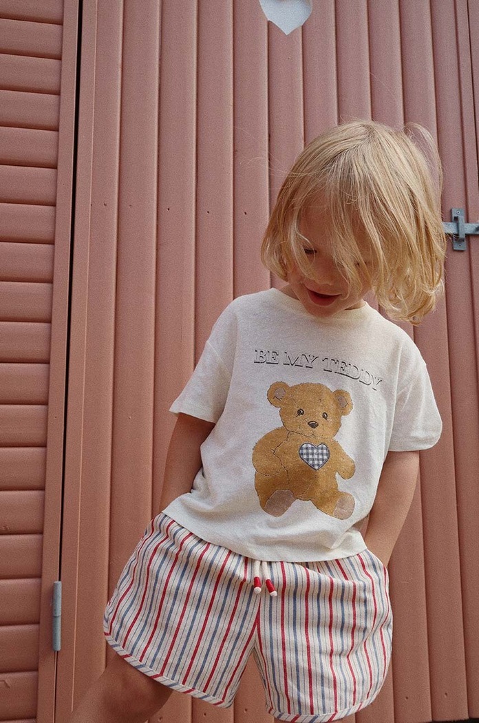 Konges Sløjd t-shirt z domieszką lnu nadruk beżowy KS100870
