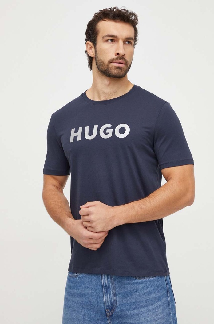 Bavlněné tričko HUGO potisk námořnická modř 50506996