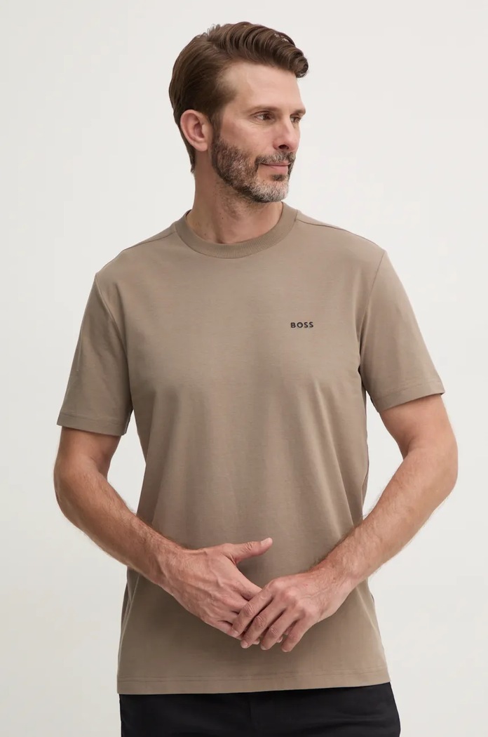 BOSS Green kratka majica moška bombažna z elastanom Tee Potisk bež 50506373