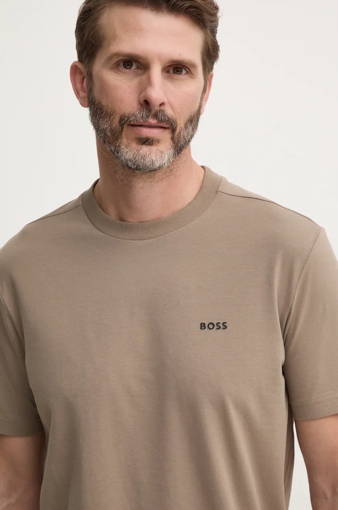 BOSS Green kratka majica moška bombažna z elastanom Tee bež 50506373