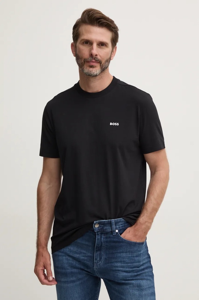 BOSS Green kratka majica moška bombažna z elastanom Tee Potisk črna 50506373