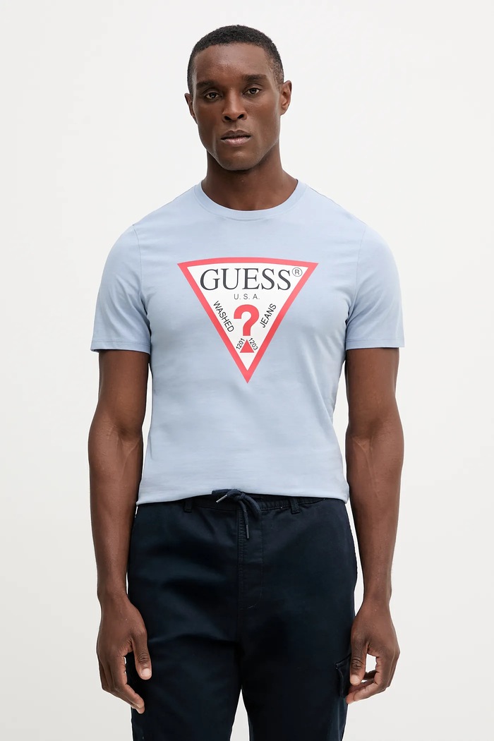 Bavlněné tričko Guess slim modrá M2YI71.I3Z14