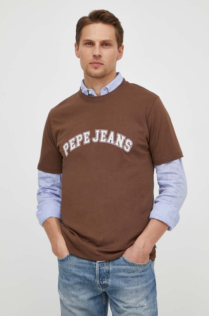 Bombažna kratka majica Pepe Jeans Potisk rjava PM509220