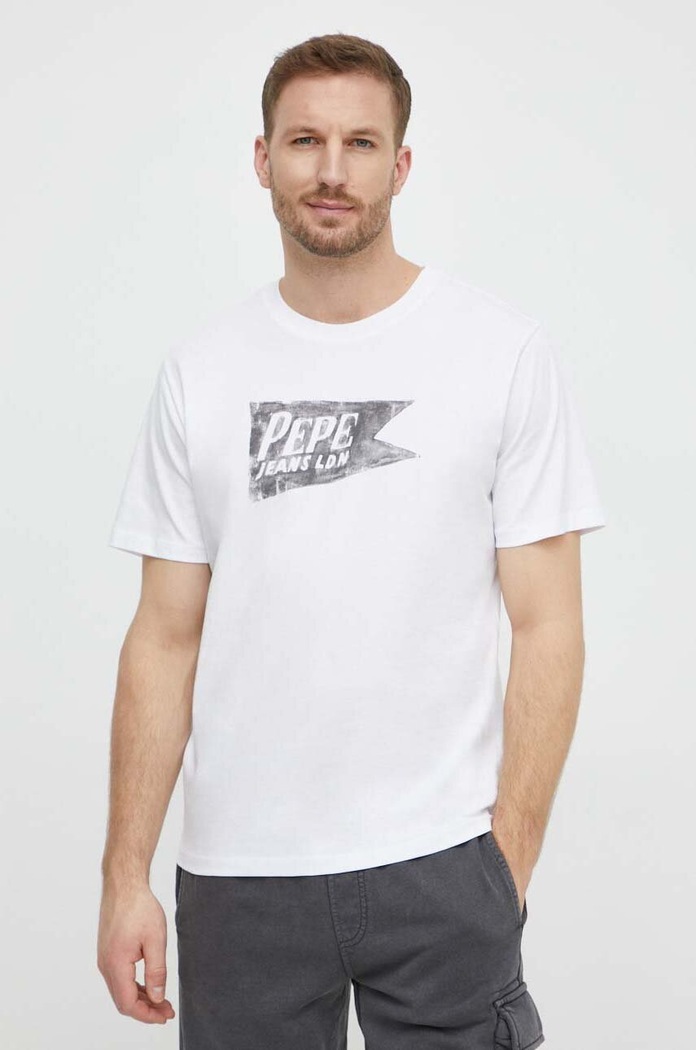 Pepe Jeans t-shirt bawełniany SINGLE CARDIFF nadruk biały PM509401