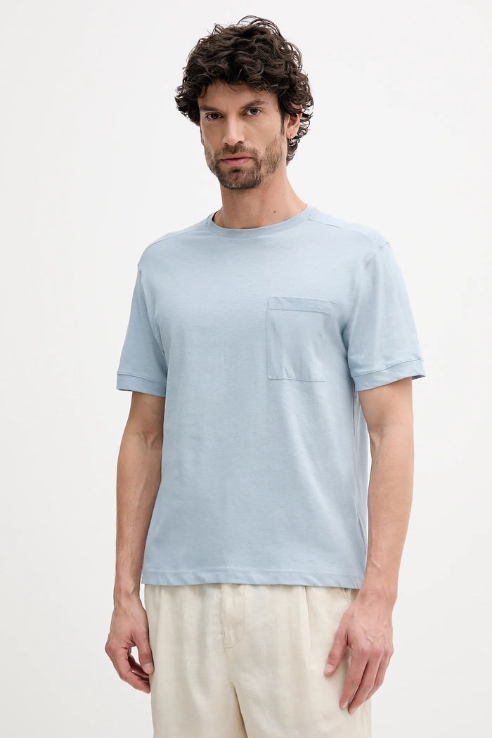 Тениска с лен United Colors of Benetton син 33CMU101R