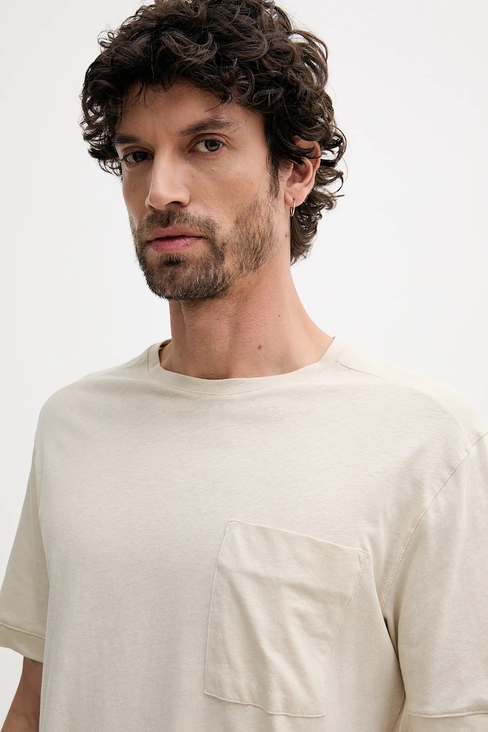 United Colors of Benetton t-shirt z domieszką lnu beżowy 33CMU101R