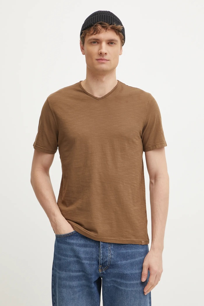 Bavlněné tričko United Colors of Benetton hladký hnědá 3JE1J4264