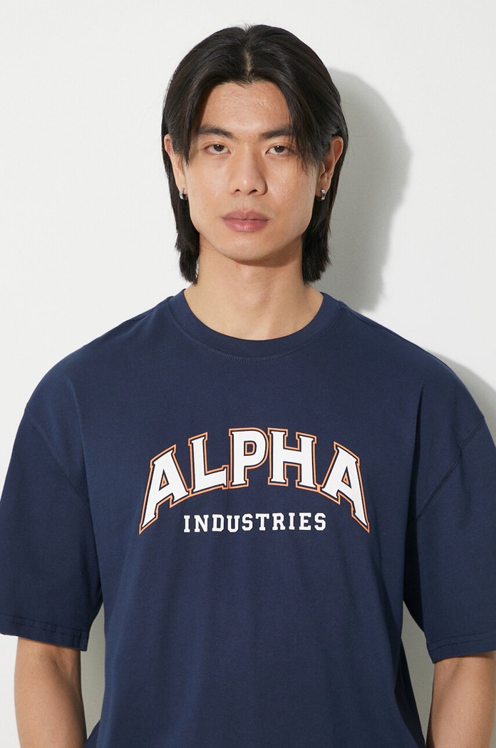 Βαμβακερό μπλουζάκι Alpha Industries College 146501 σκούρο μπλε