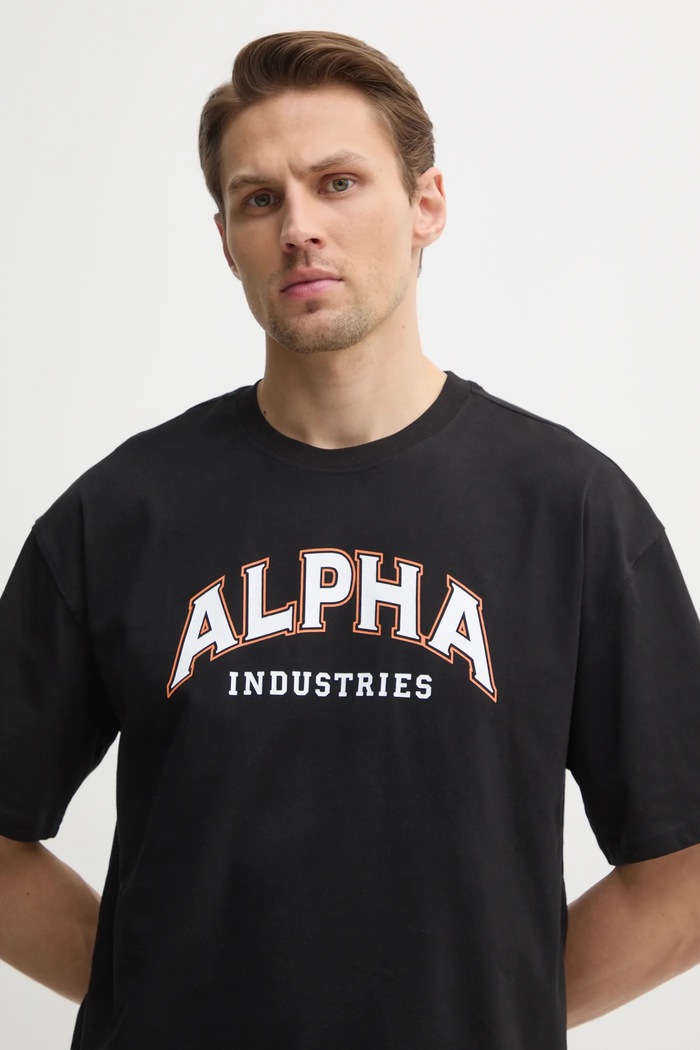 Βαμβακερό μπλουζάκι Alpha Industries College χαλαρό μαύρο 146501