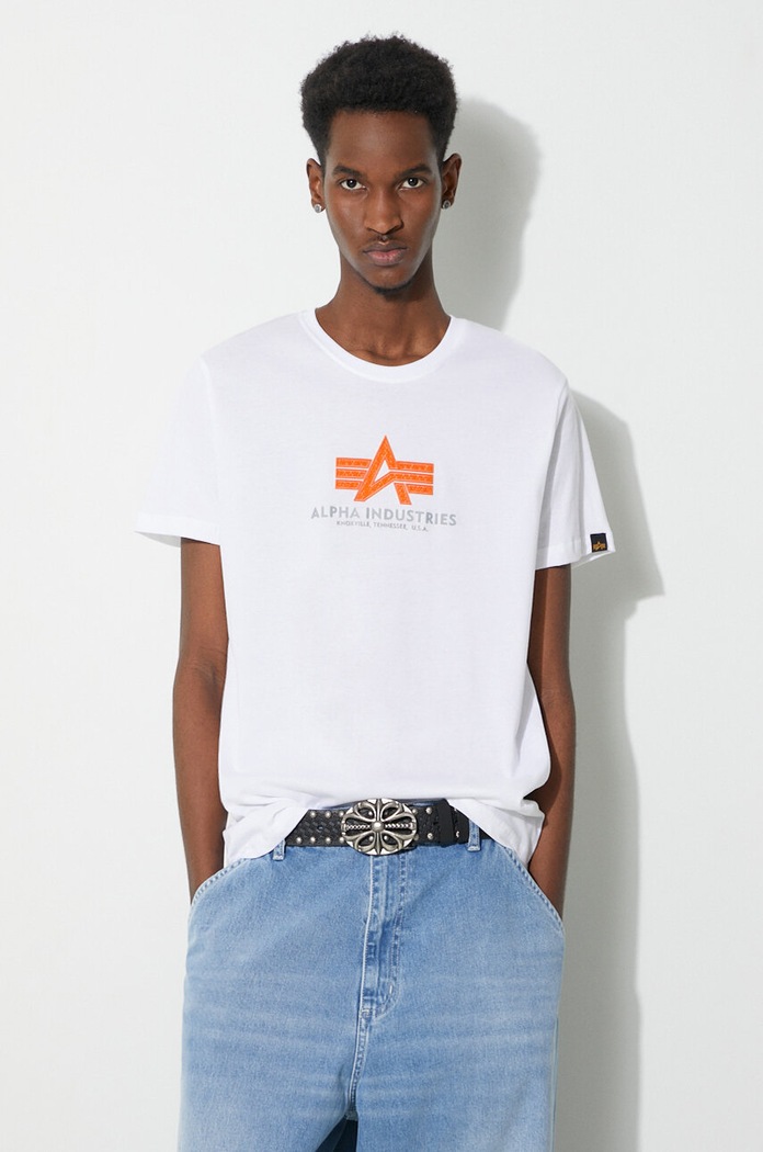 Bavlnené tričko Alpha Industries Basic Rubber nášivka biela 100501RB