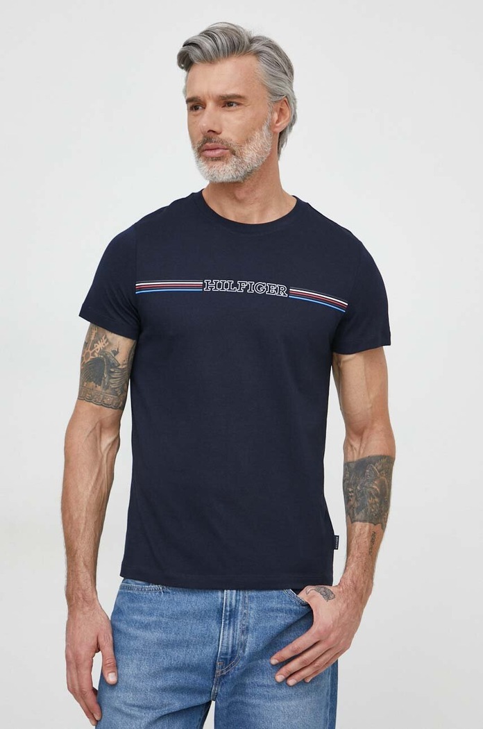 Bavlnené tričko Tommy Hilfiger potlač tmavomodrá MW0MW34428