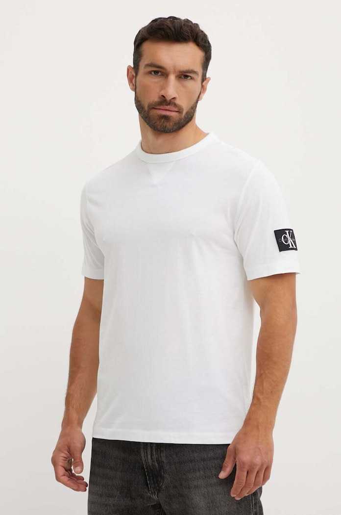 Bavlněné tričko Calvin Klein Jeans hladký béžová J30J323484