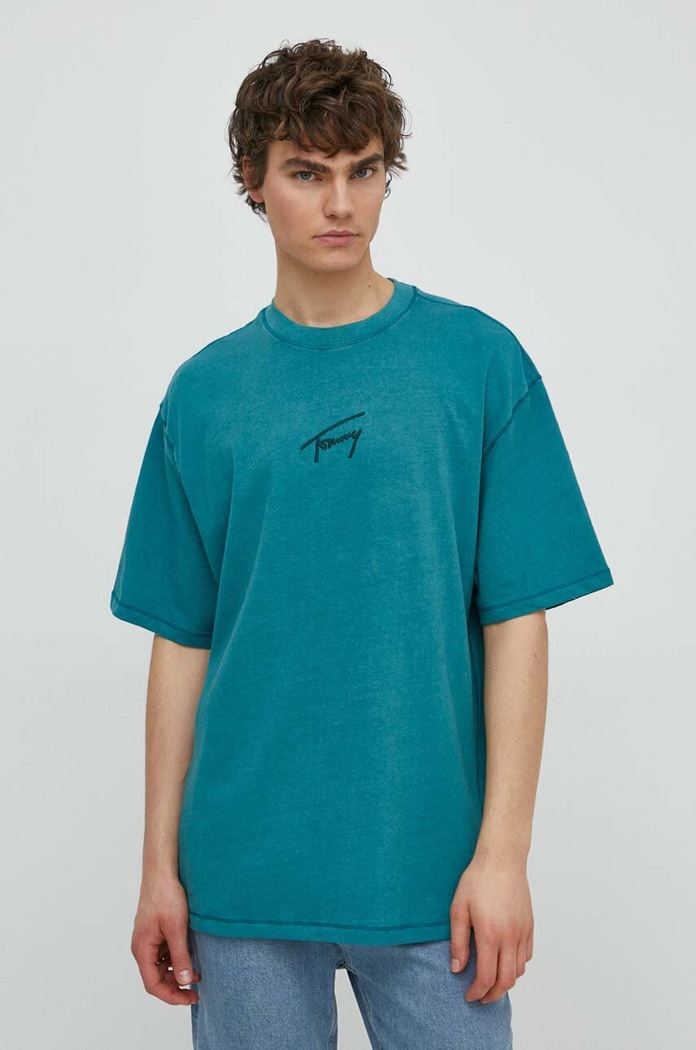 Bavlněné tričko Tommy Jeans kulatý tyrkysová DM0DM18663