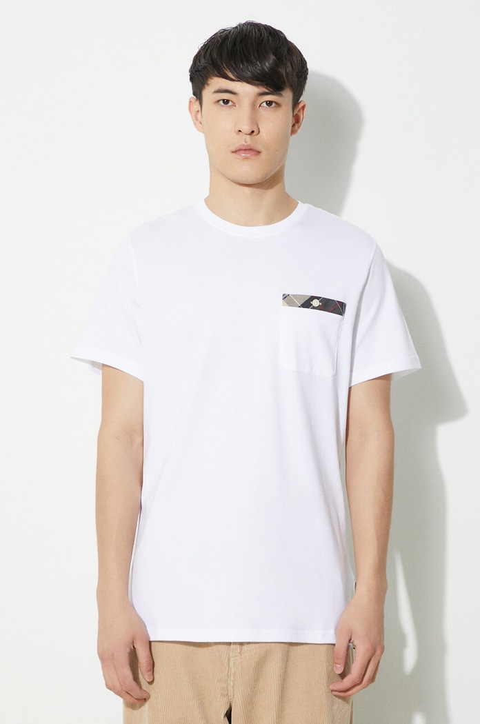 Bavlněné tričko Barbour Durness Pocket Tee hladký bílá MTS0682