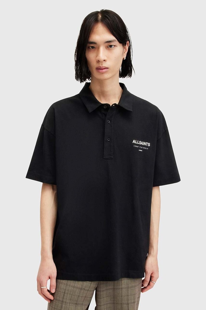 Bavlnené polo tričko AllSaints UNDERGROUND SS POLO potlač čierna M047PA