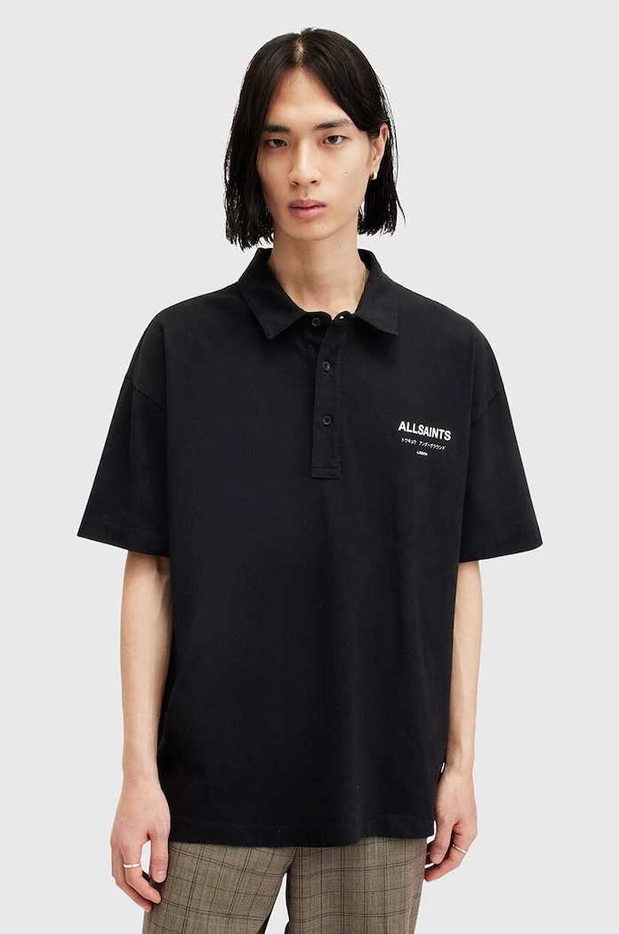 Bavlnené polo tričko AllSaints UNDERGROUND SS POLO potlač čierna M047PA