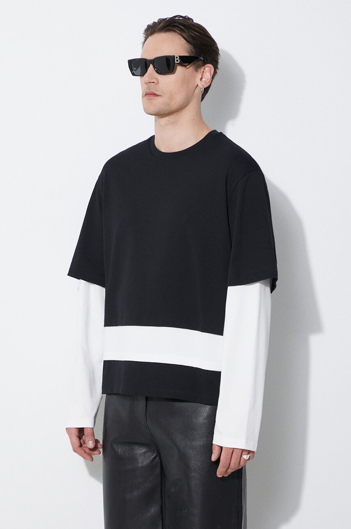 Neil Barrett longsleeve din bumbac Triple Layer Ready-Style Crew Neck uni negru MY70275A.Y552.118N