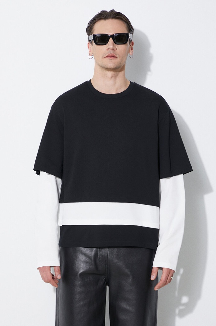 Neil Barrett longsleeve din bumbac Triple Layer Ready-Style Crew Neck negru MY70275A.Y552.118N