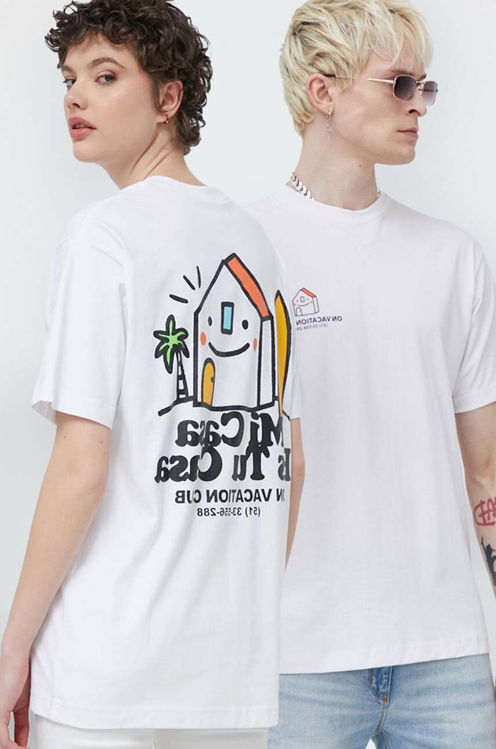 Bavlněné tričko On Vacation Mi Casa potisk bílá OVC.T149
