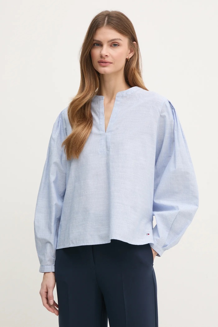 Bavlněná halenka Tommy Hilfiger pruhy modrá WW0WW45319