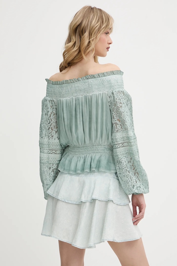 Oblečení Halenka s příměsí hedvábí Guess AUDREY W5GH0S.WE550 tyrkysová