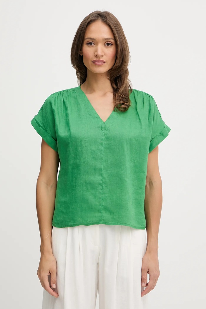 United Colors of Benetton bluză din in uni verde 5BMLDQ0BR
