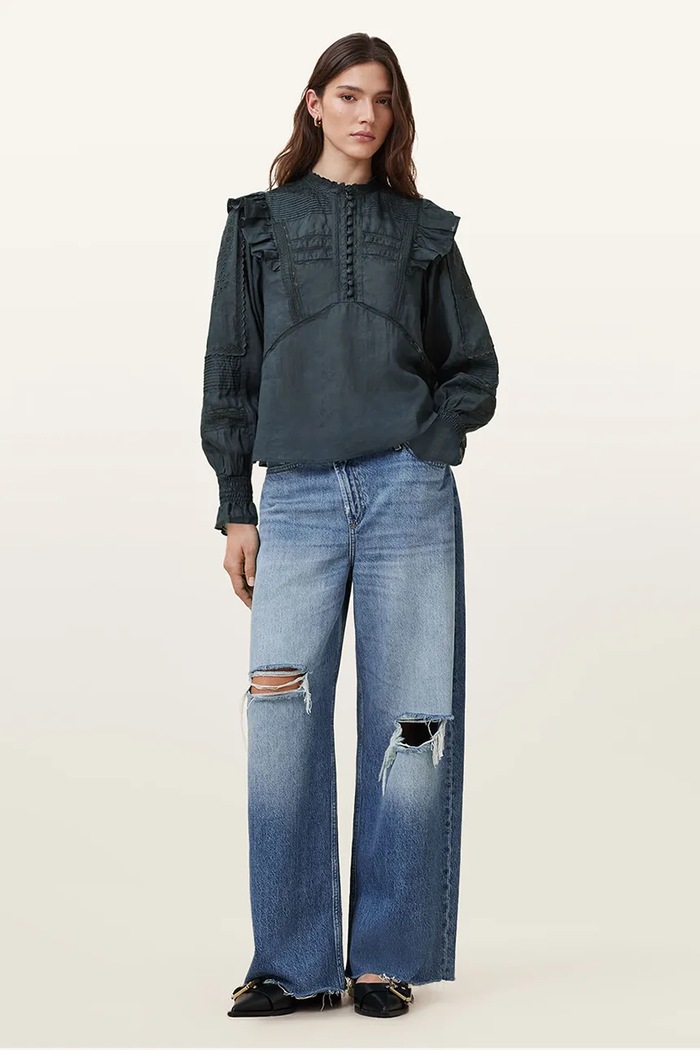 AllSaints bluza din bumbac HEATHER W038PC bleumarin