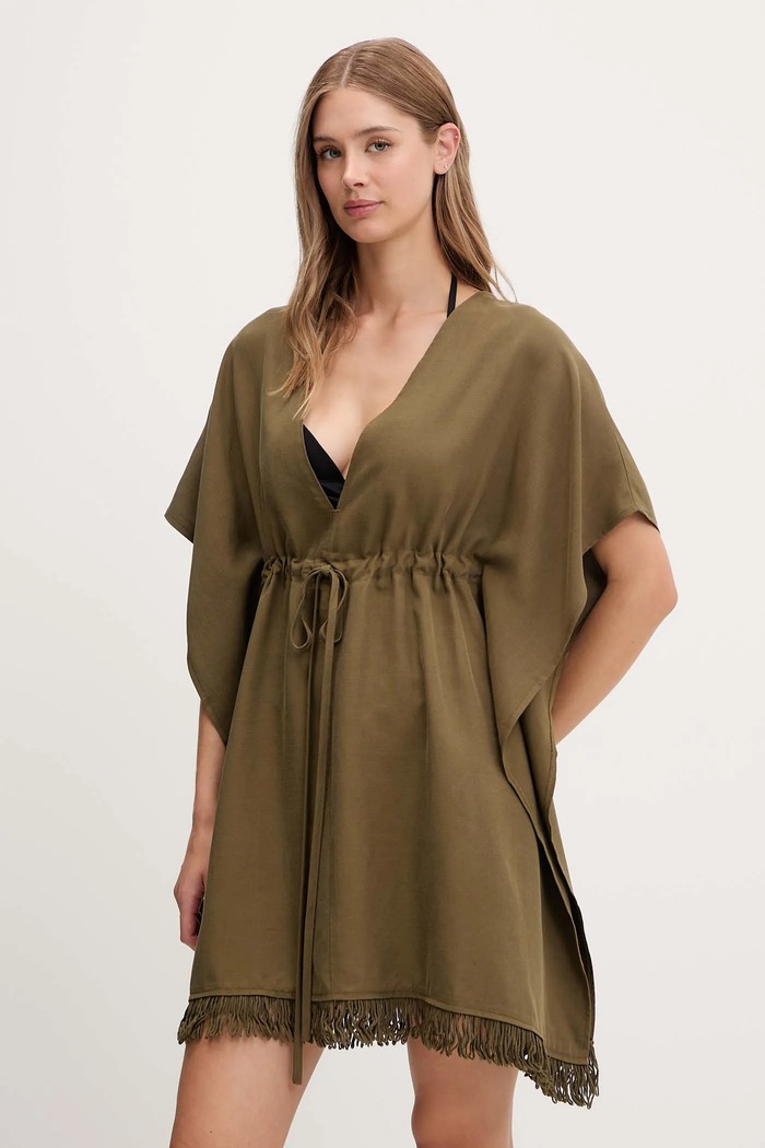 Sisley rochie de plajă cu amestec de in verde 6YOFW800S
