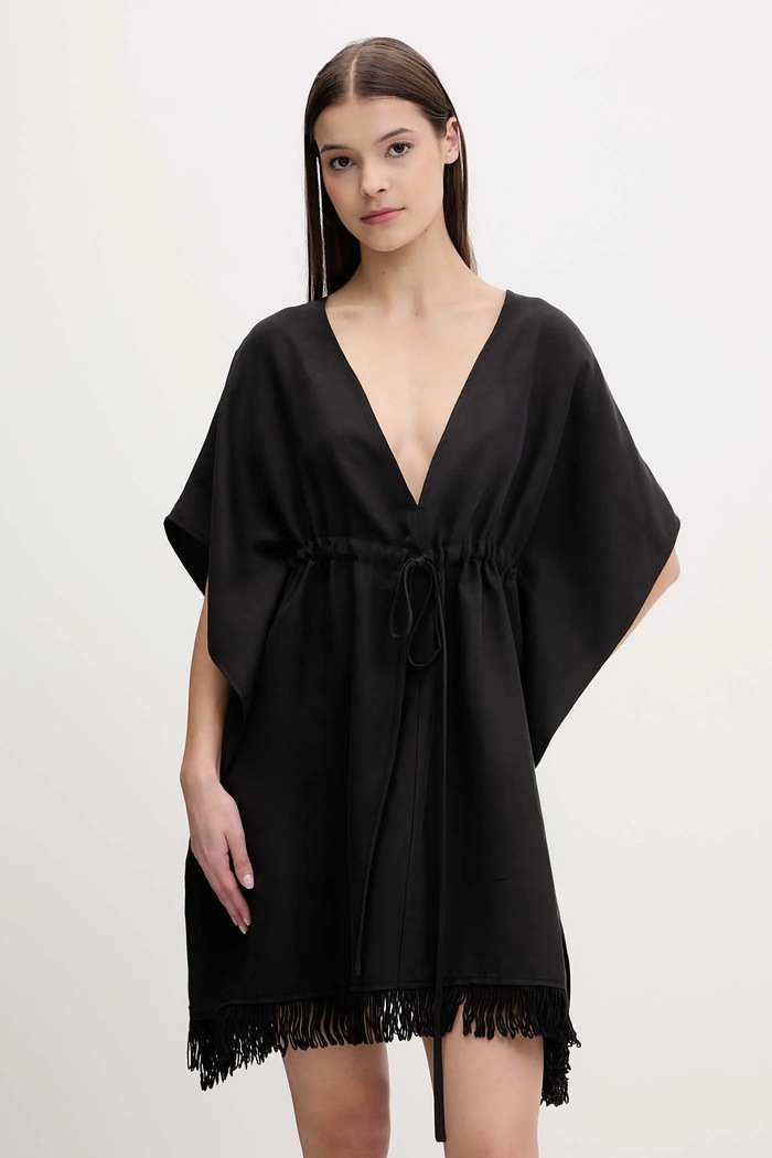 Sisley rochie de plajă cu amestec de in negru 6YOFW800S