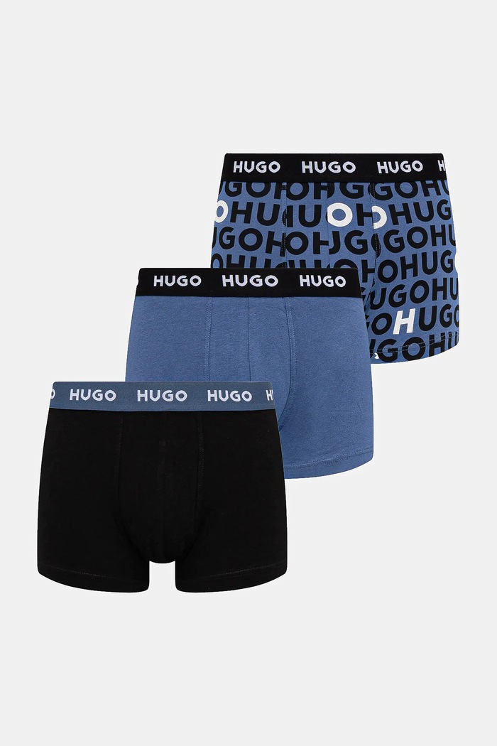 HUGO boxeri bărbați bumbac cu elastan TRIPLET DESIGN pachet de 3 boxeri albastru 50532550