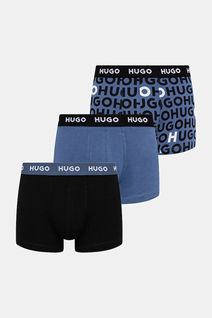 HUGO boxeri bărbați bumbac cu elastan TRIPLET DESIGN pachet de 3 boxeri albastru 50532550