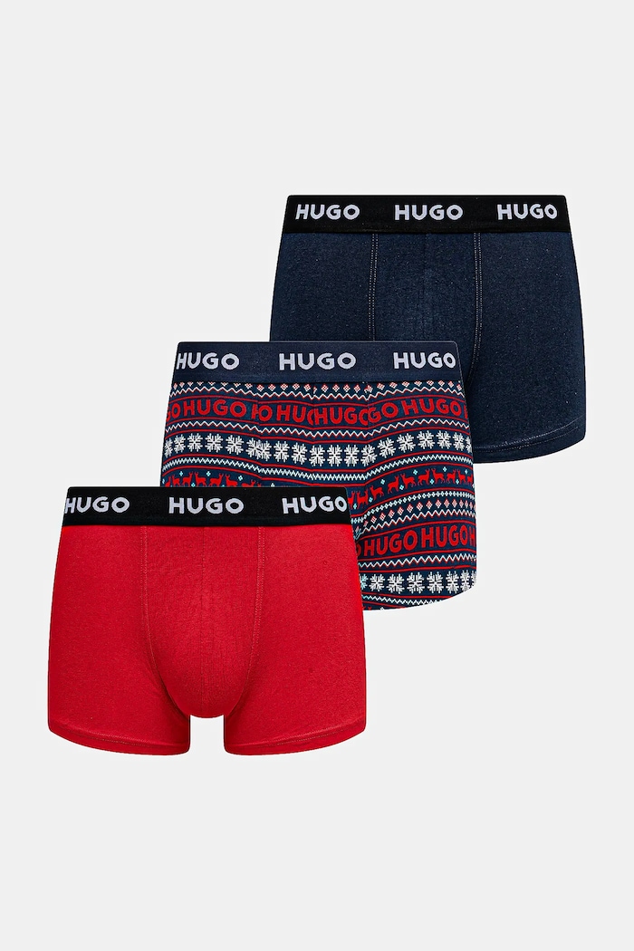 HUGO boxerky pánske bavlnené s elastanom TRIPLET DESIGN 3-pak pletenina tmavomodrá 50532550