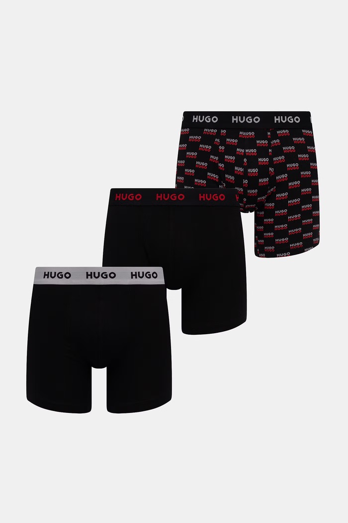 HUGO boxerky pánské bavlněné s elastanem BOXERBR TRIPLET DESIGN 3-pack černá 50532559