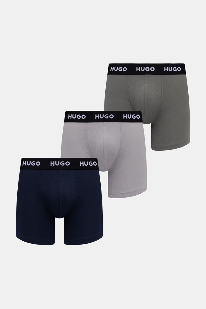 HUGO boxerky pánské bavlněné s elastanem BOXERBR TRIPLET PACK 3-pack šedá 50532613