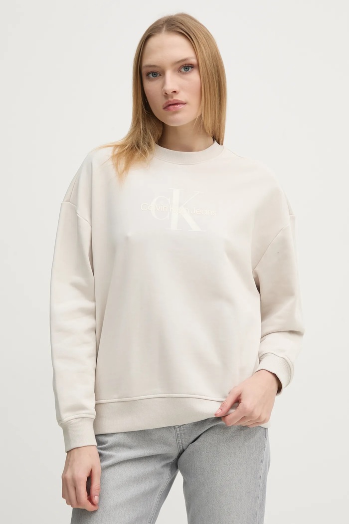 Bavlněná mikina Calvin Klein Jeans bez kapuce béžová J20J224724