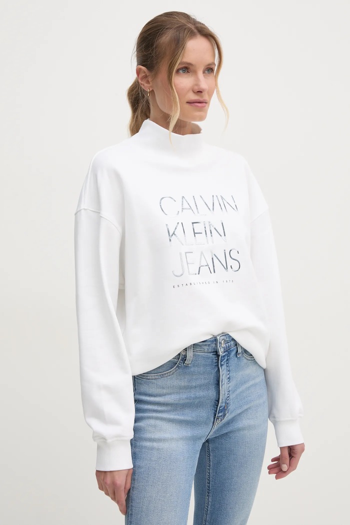 Bavlněná mikina Calvin Klein Jeans bez kapuce béžová J20J225082