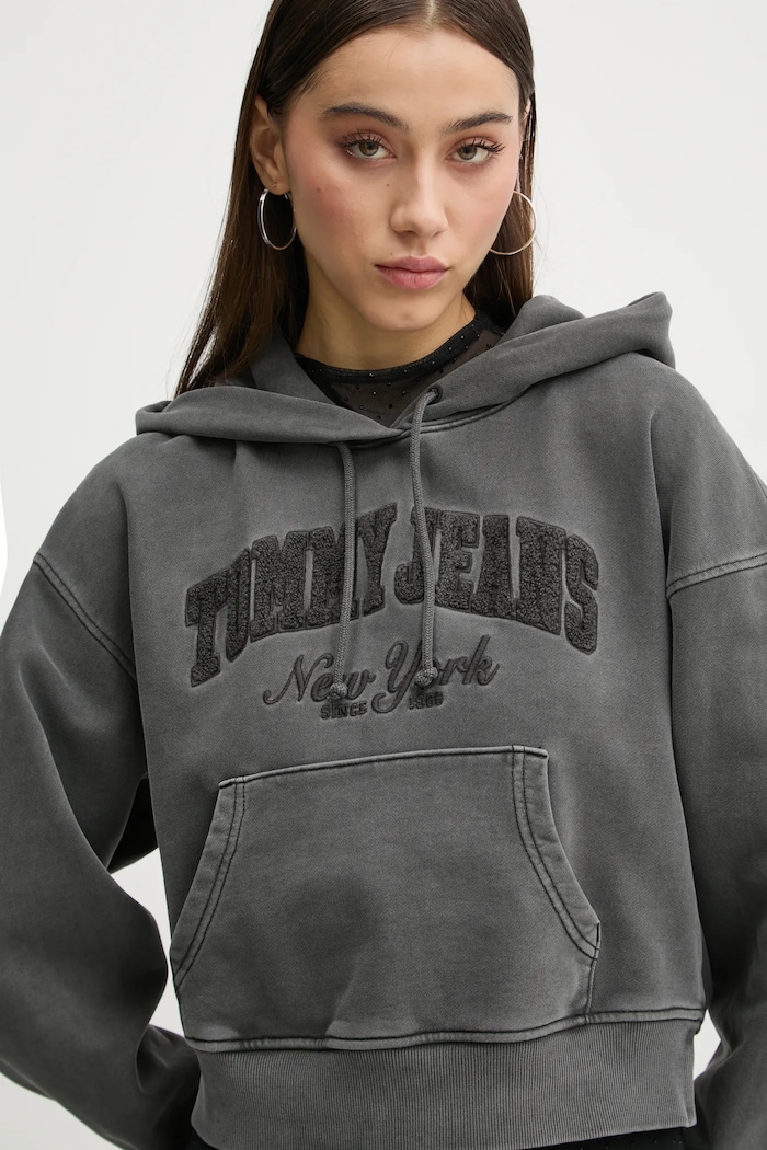 Bavlněná mikina Tommy Jeans s kapucí šedá DW0DW19413