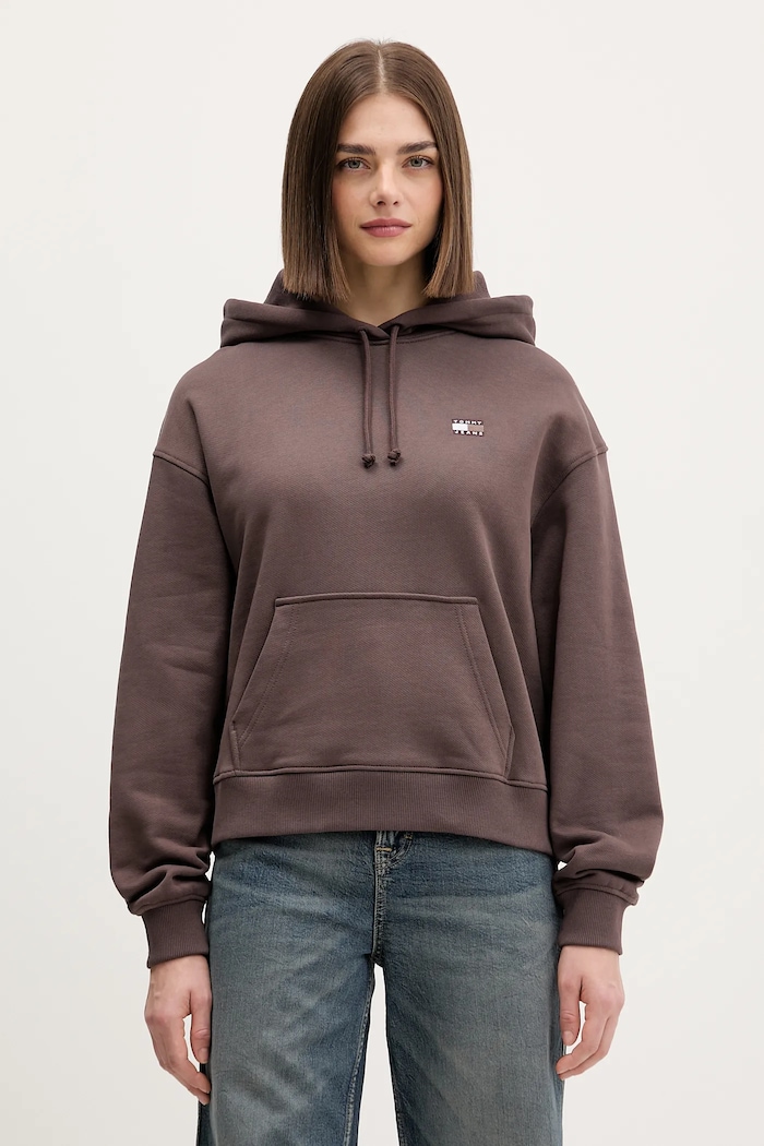 Tommy Jeans pulover s kapuco ženski bombažen rjava DW0DW19414