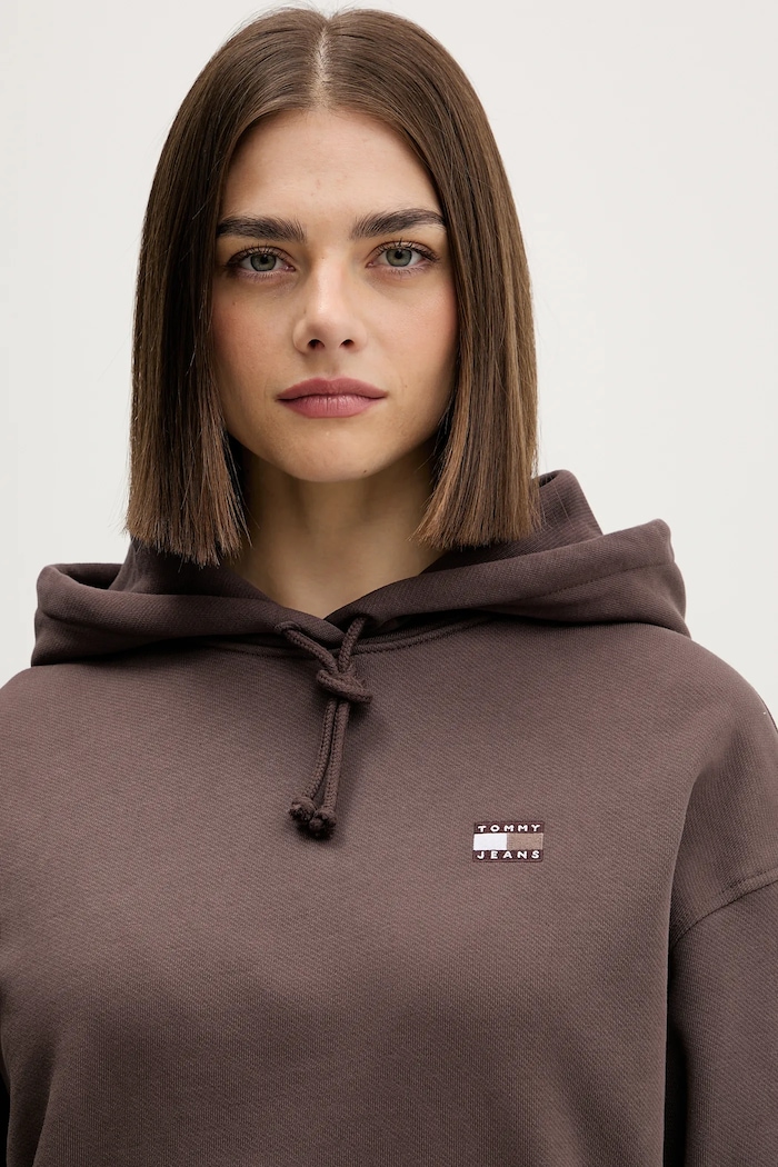 Tommy Jeans pulover s kapuco ženski bombažen rjava DW0DW19414