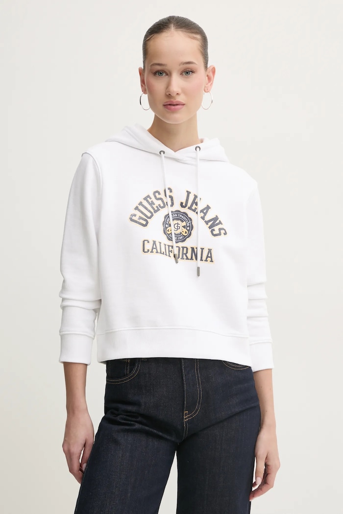Bavlněná mikina Guess Jeans s kapucí bílá W5RQ29.K68I4