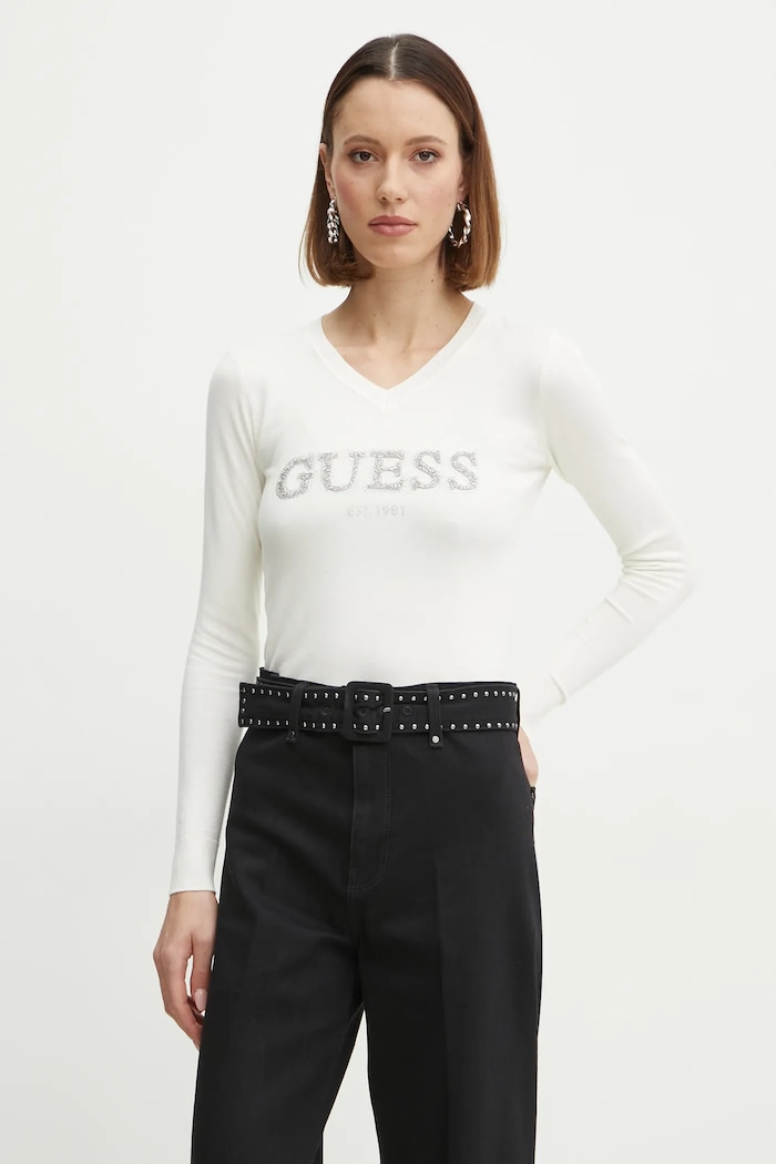Svetr Guess HOLLY V výstřih béžová W5RR38.Z2NQ2