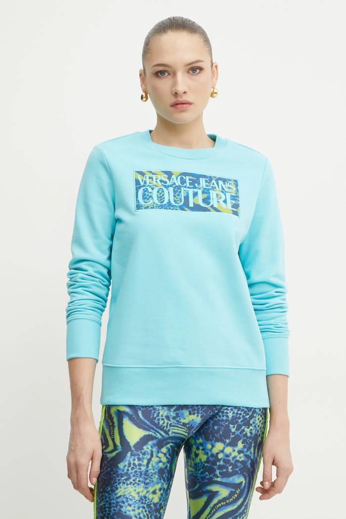 Bavlněná mikina Versace Jeans Couture bez kapuce tyrkysová 78HAIE04.CF00E