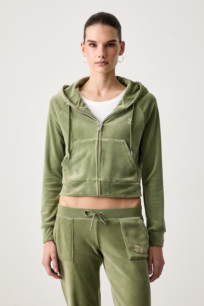Juicy Couture Mikina na zips s kapucňou dámska zamatová MADISON HOODIE zelená JCWA122001