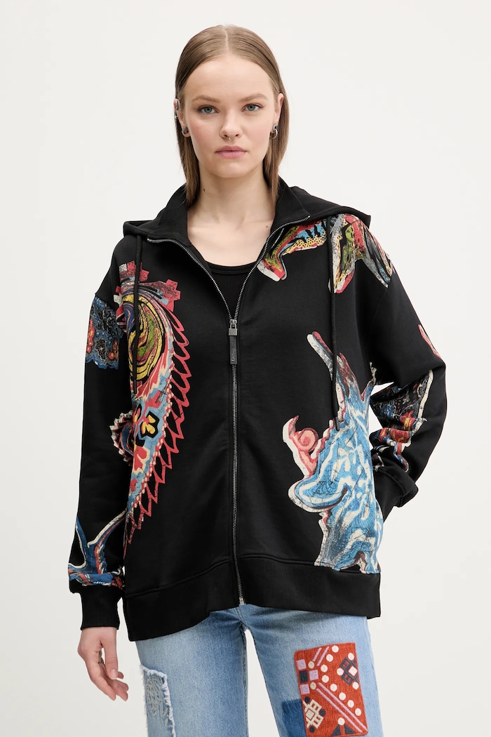 Desigual bluza bawełniana MELTED PAISLEYS z kapturem czarny 25SWSK01