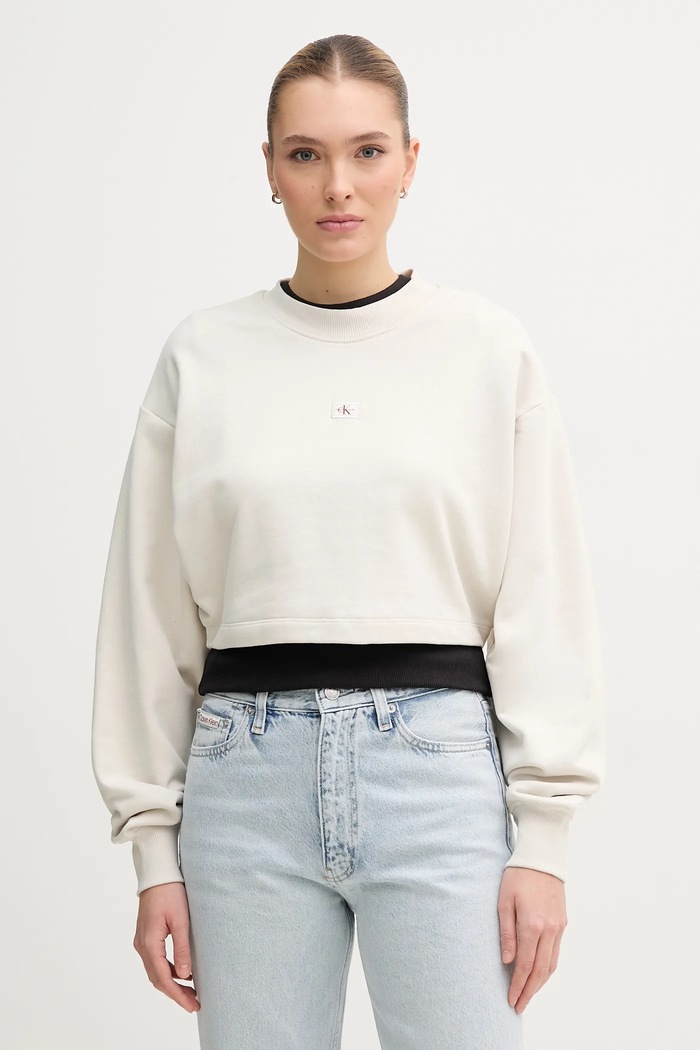 Pamučna dukserica Calvin Klein Jeans bez uzorka bež J20J225370