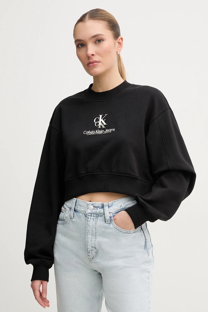 Βαμβακερή μπλούζα Calvin Klein Jeans χωρίς κουκούλα μαύρο J20J225544